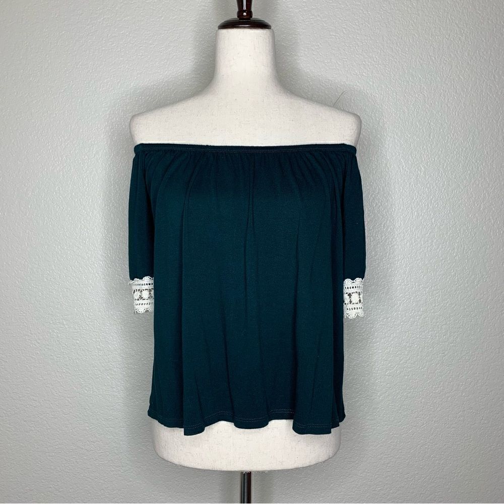 Rainbow & Cupcakes Green Crochet Trim Off Shoulder Top, Sz Small